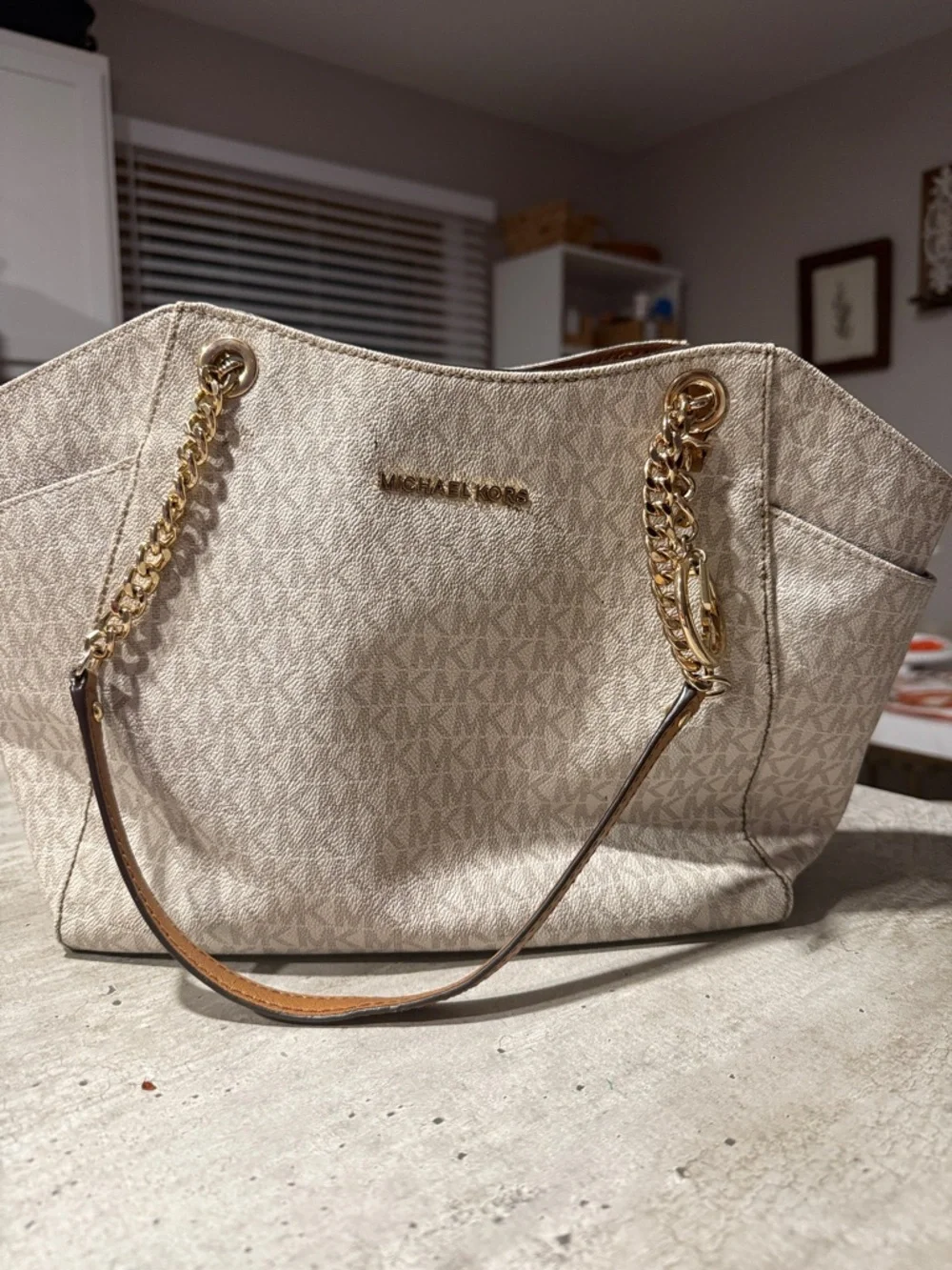 Michael Kors Beige Cream Signature Logo Tote with Gold Chain Handles